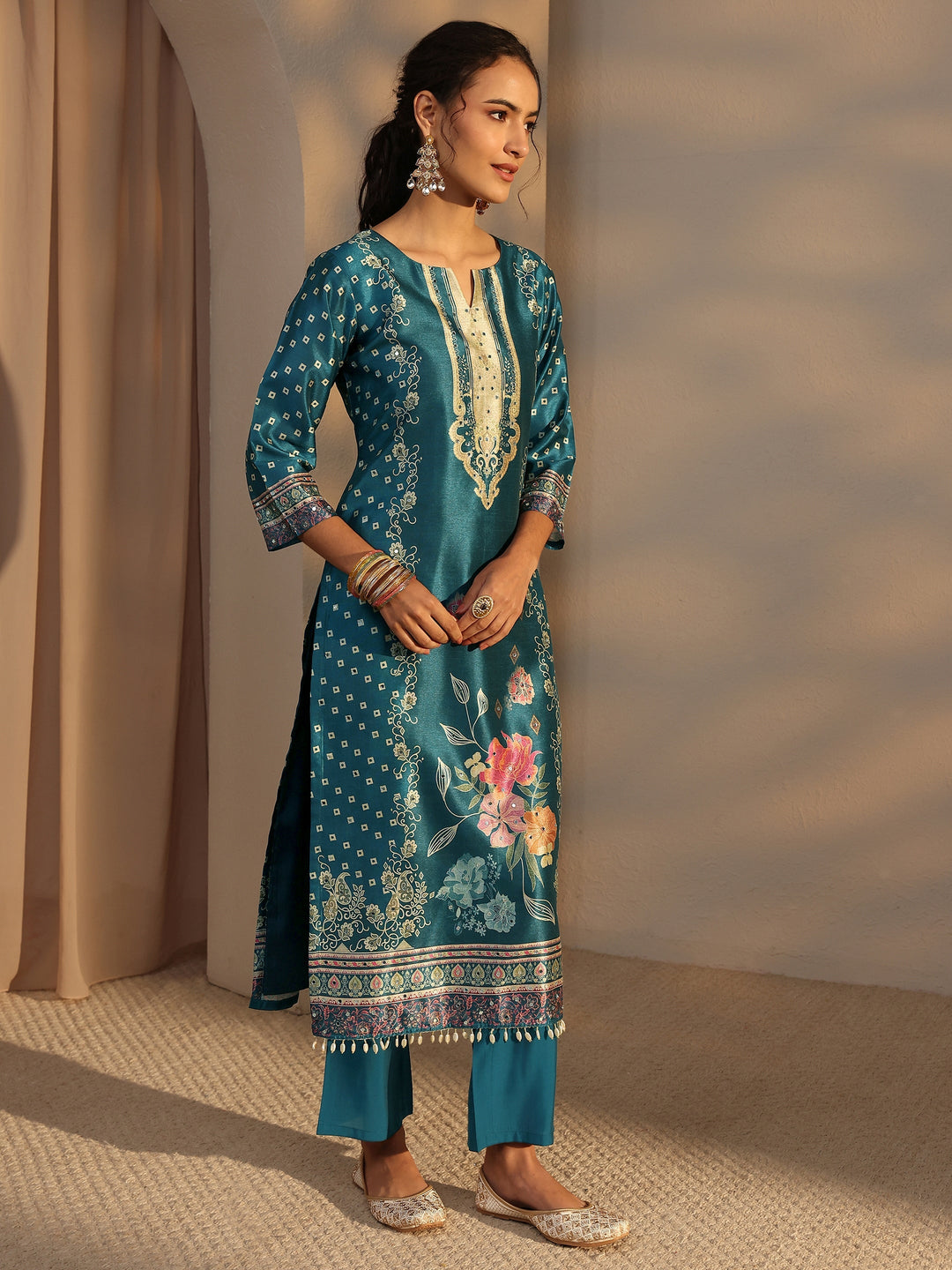 Blue Floral Printed Silk Blend Straight Suit Set With Dupatta