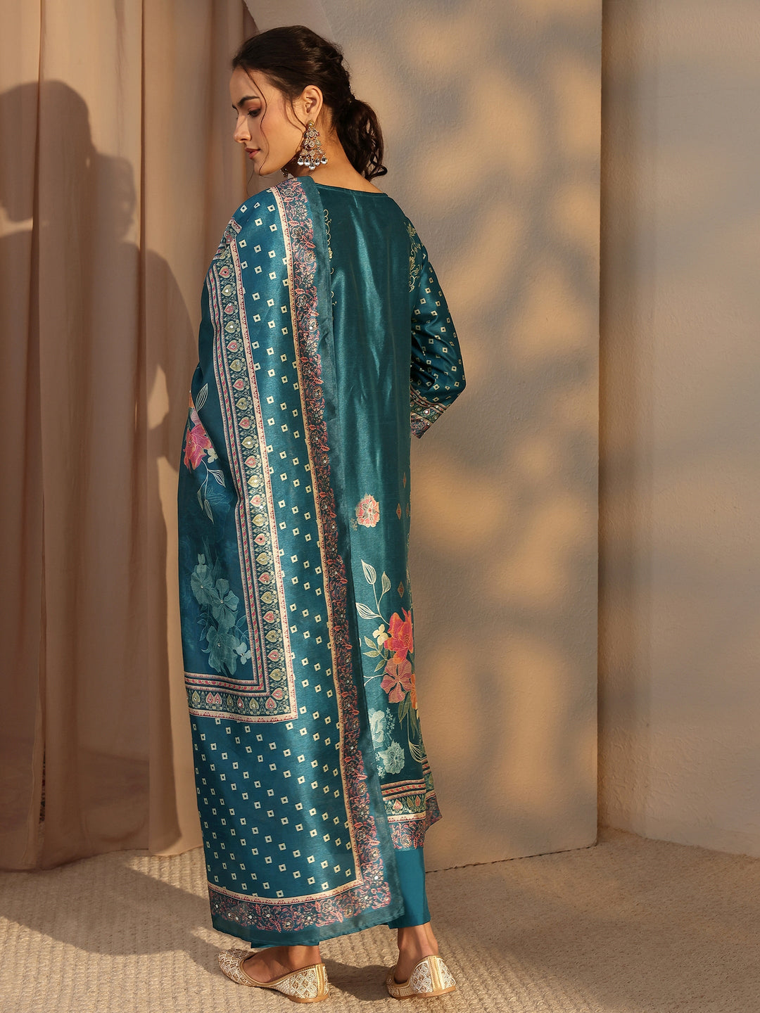 Blue Floral Printed Silk Blend Straight Suit Set With Dupatta
