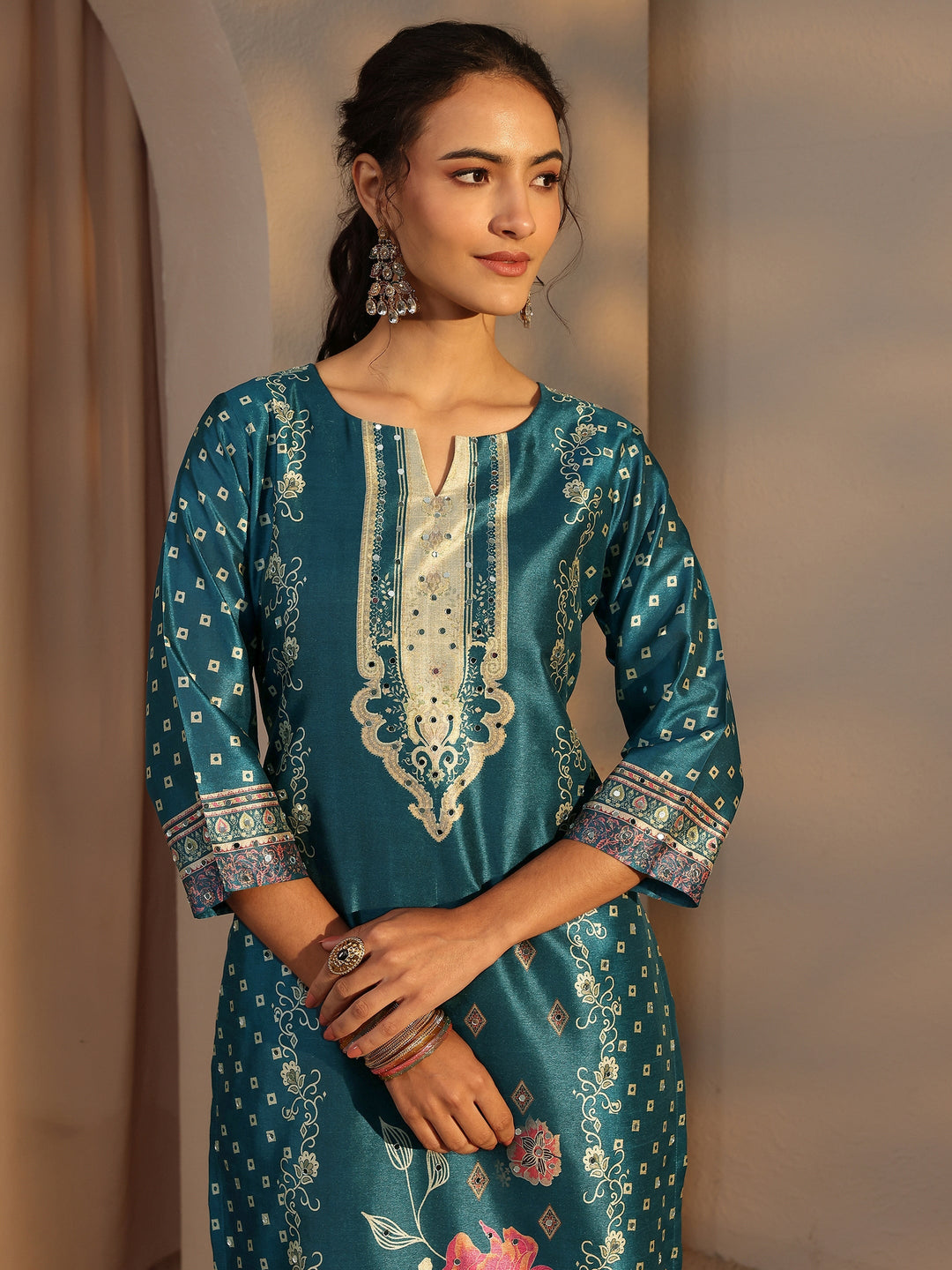 Blue Floral Printed Silk Blend Straight Suit Set With Dupatta