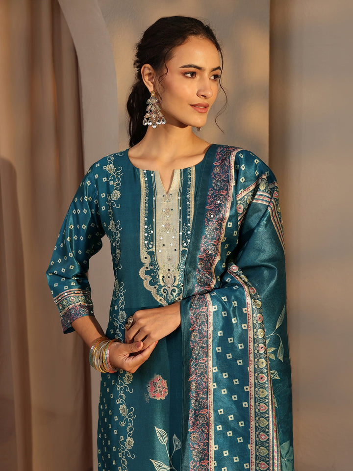 Blue Floral Printed Silk Blend Straight Suit Set With Dupatta