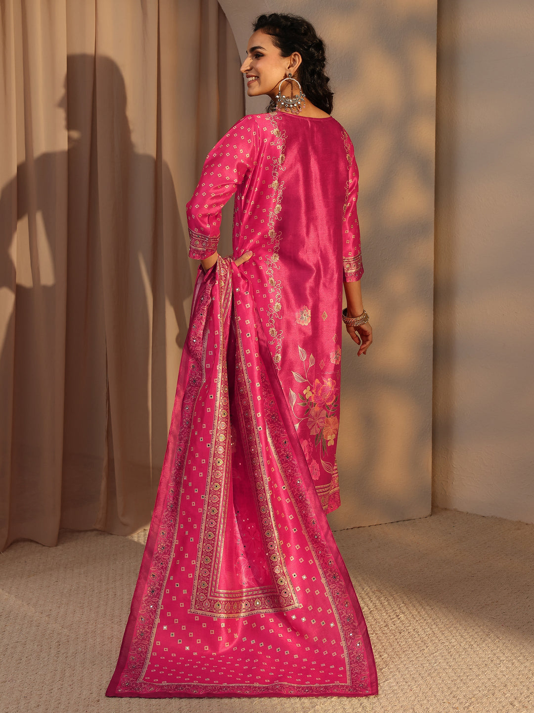 Pink Floral Printed Silk Blend Straight Suit Set With Dupatta