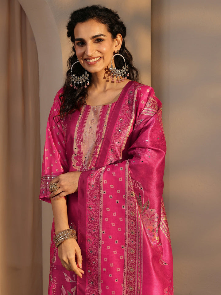 Pink Floral Printed Silk Blend Straight Suit Set With Dupatta