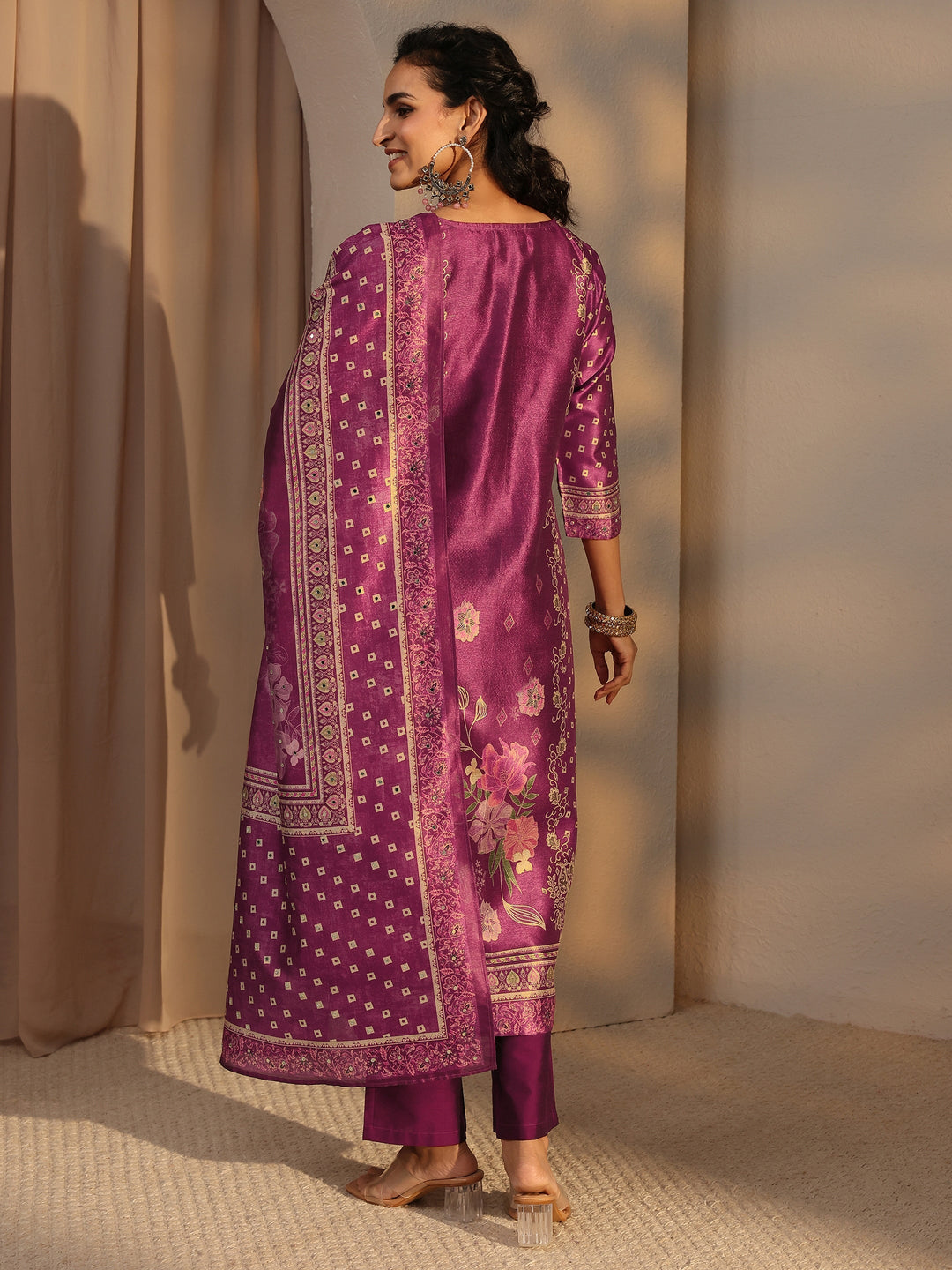 Burgundy Floral Printed Silk Blend Straight Suit Set With Dupatta