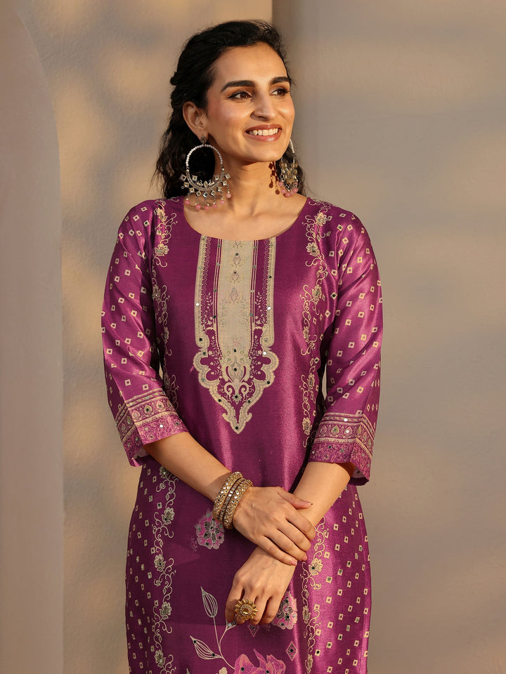 Burgundy Floral Printed Silk Blend Straight Suit Set With Dupatta