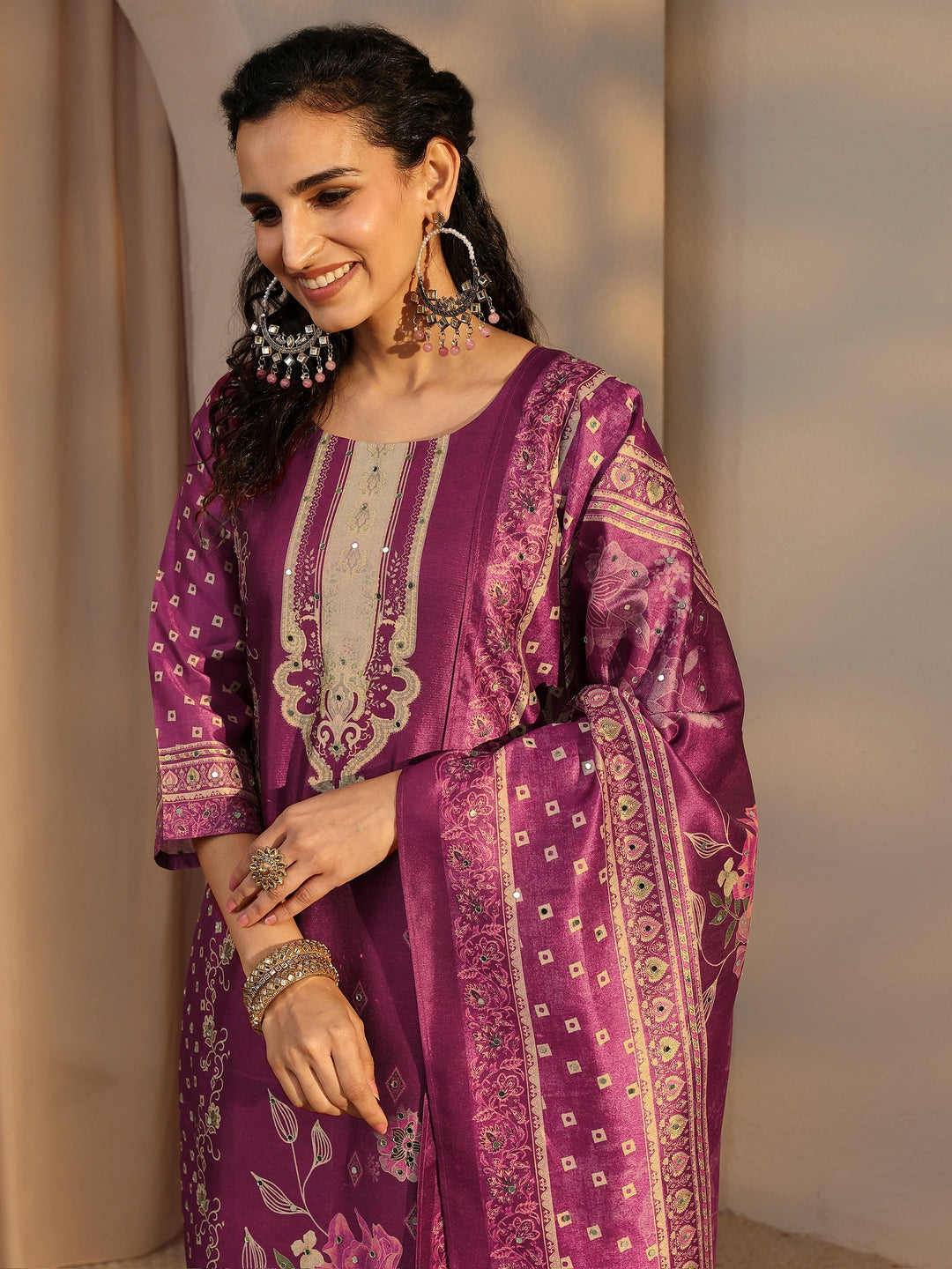 Burgundy Floral Printed Silk Blend Straight Suit Set With Dupatta