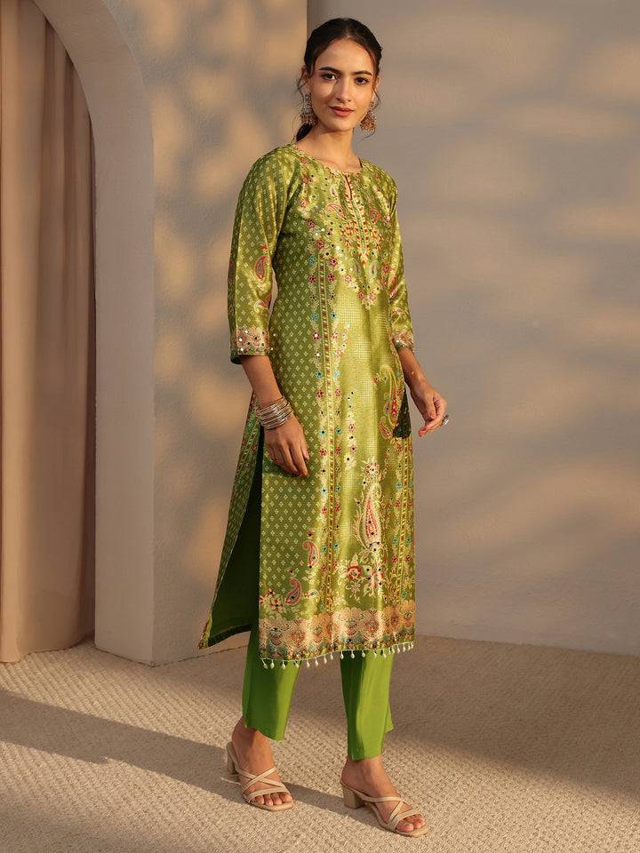 Green Floral Printed Silk Blend Straight Suit Set With Dupatta