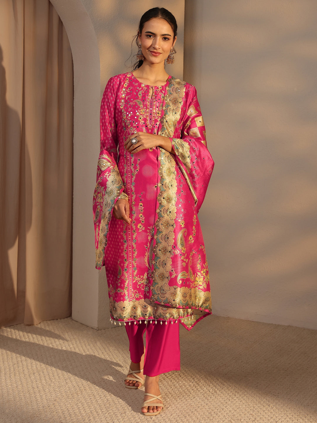 Pink Floral Printed Silk Blend Straight Suit Set With Dupatta
