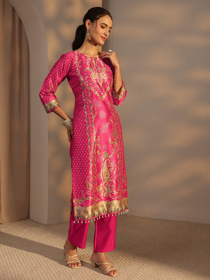 Pink Floral Printed Silk Blend Straight Suit Set With Dupatta