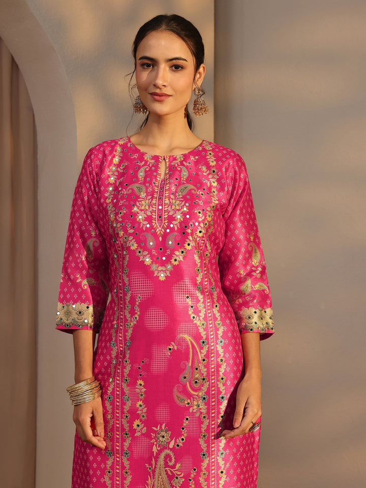Pink Floral Printed Silk Blend Straight Suit Set With Dupatta