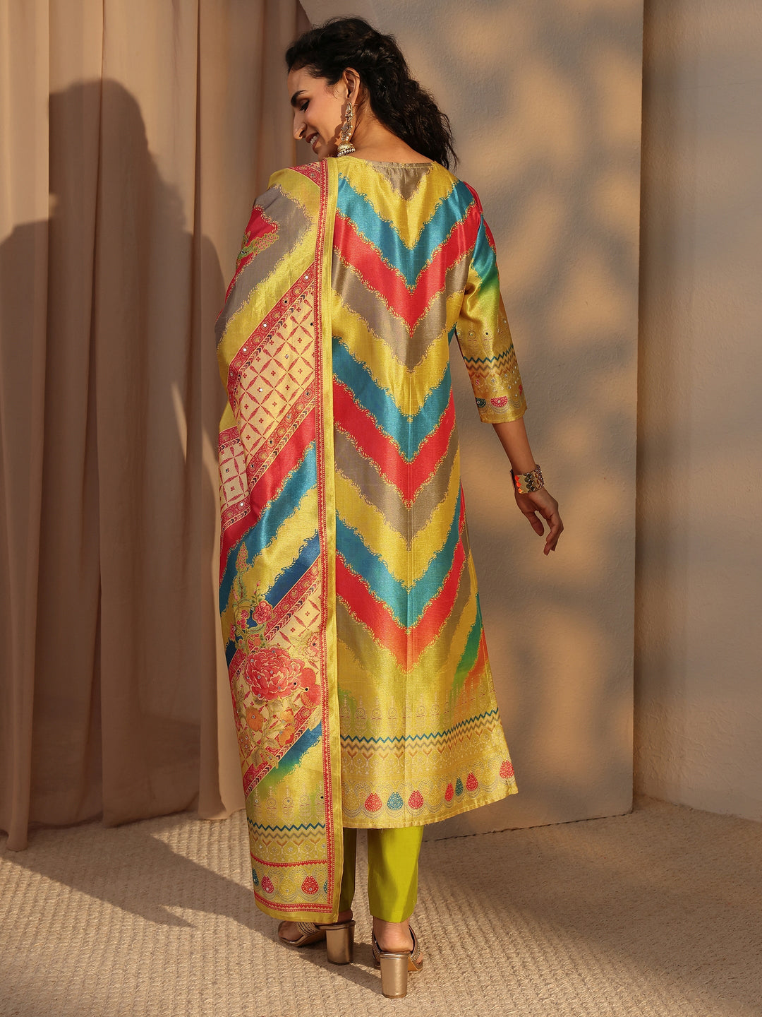 Yellow Ethnic Printed Silk Blend Straight Suit Set With Dupatta