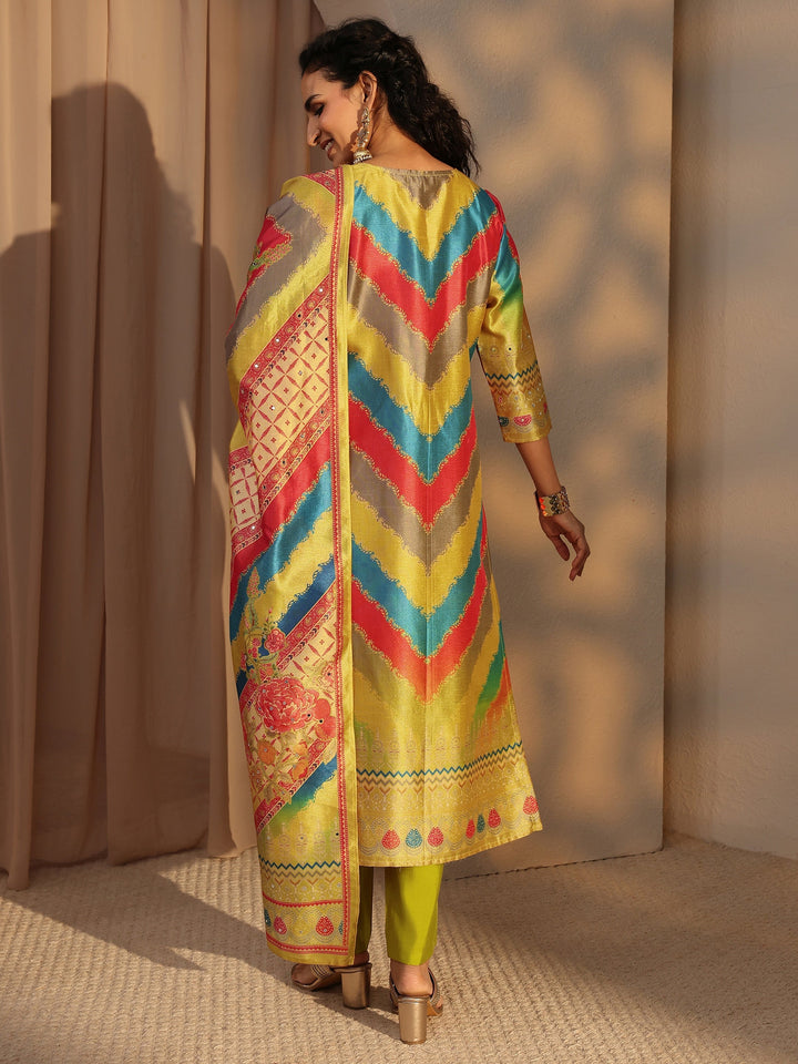 Yellow Ethnic Printed Silk Blend Straight Suit Set With Dupatta