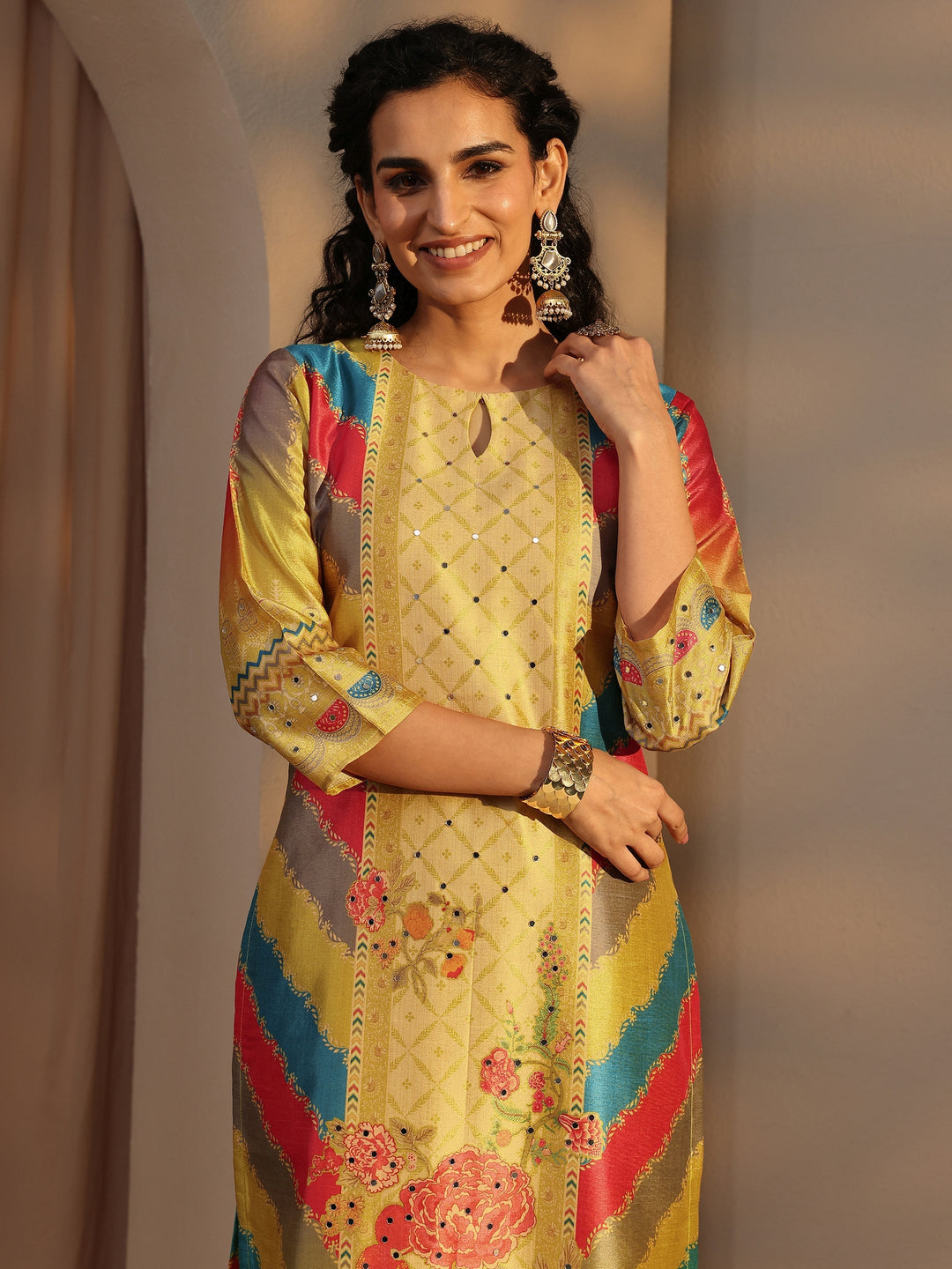 Yellow Ethnic Printed Silk Blend Straight Suit Set With Dupatta