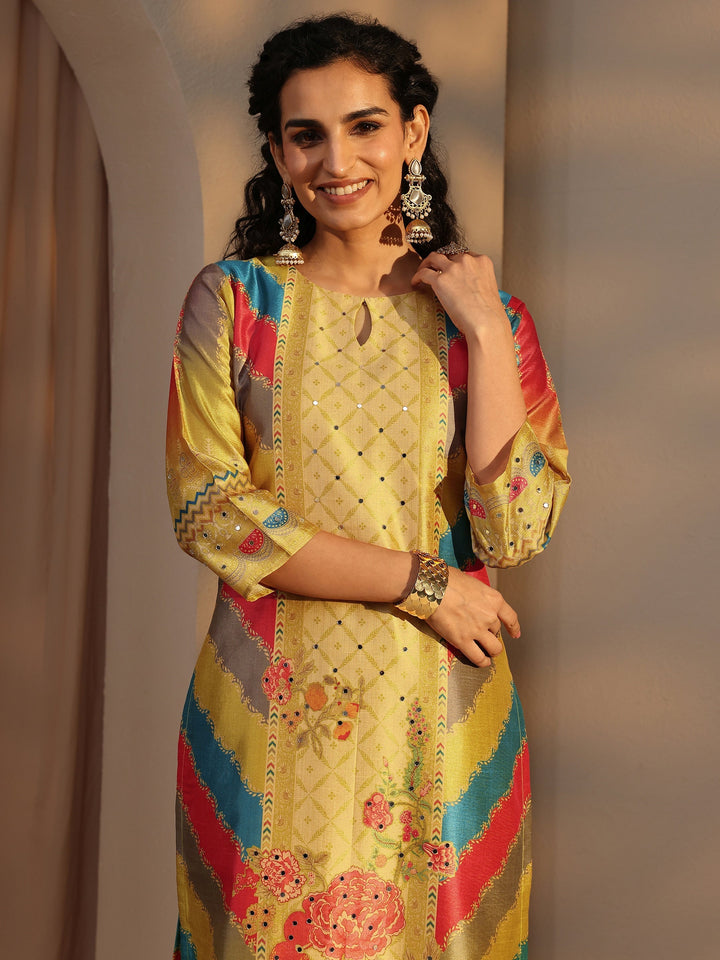 Yellow Ethnic Printed Silk Blend Straight Suit Set With Dupatta
