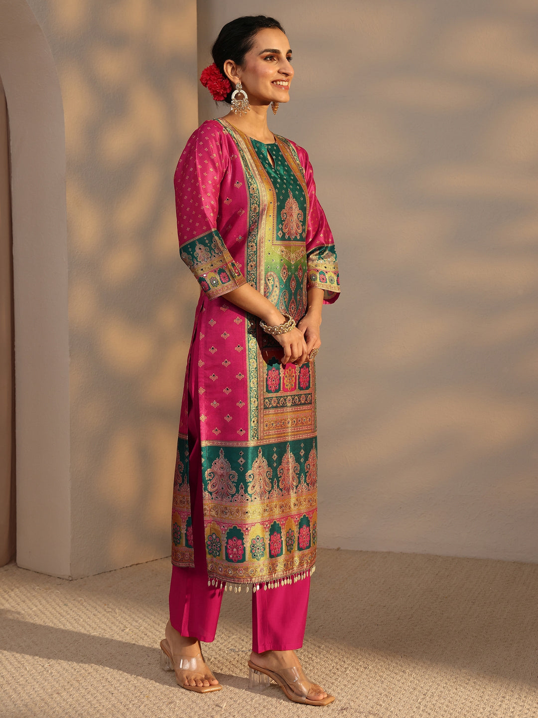 Multi Ethnic Printed Silk Blend Straight Suit Set With Dupatta
