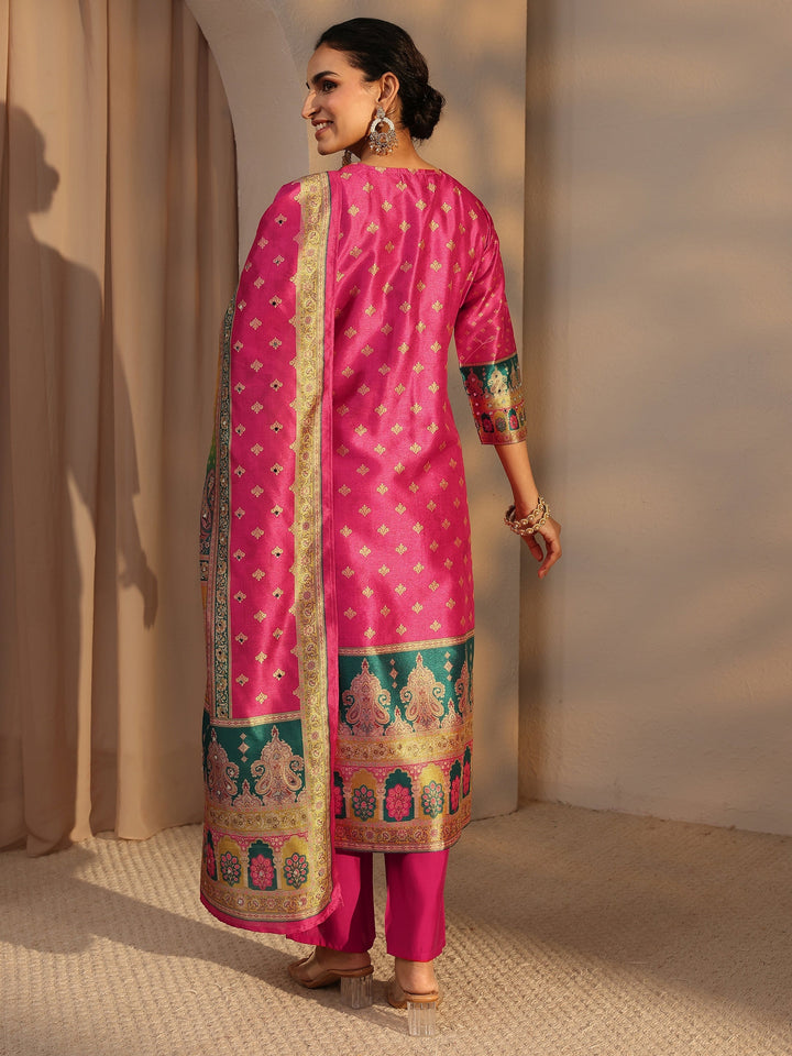 Multi Ethnic Printed Silk Blend Straight Suit Set With Dupatta