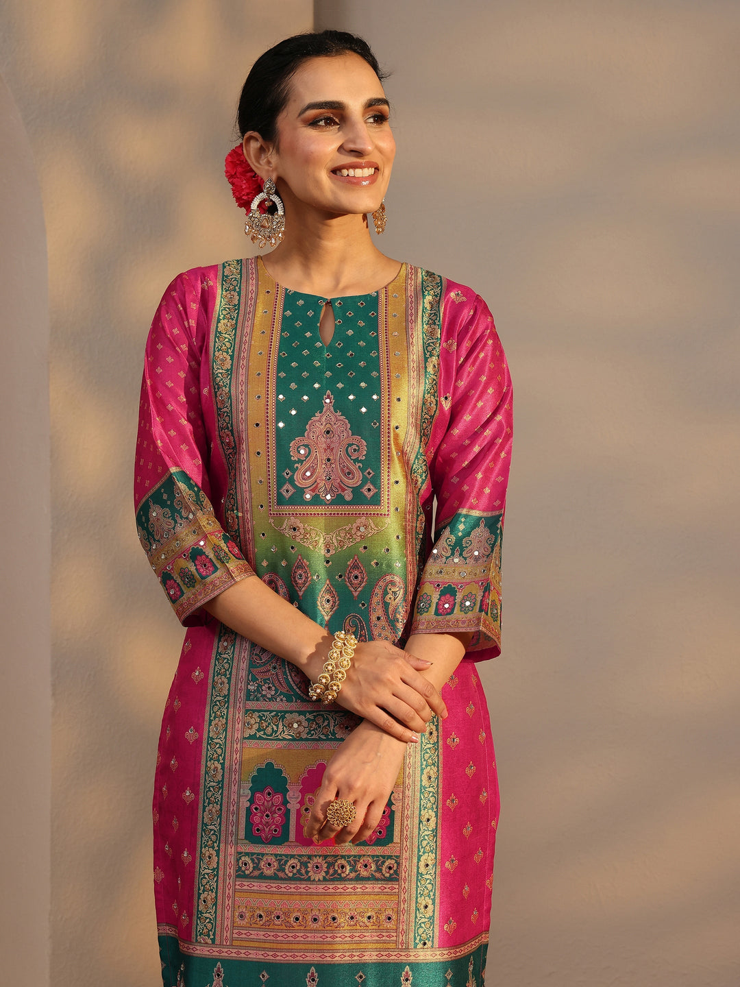 Multi Ethnic Printed Silk Blend Straight Suit Set With Dupatta