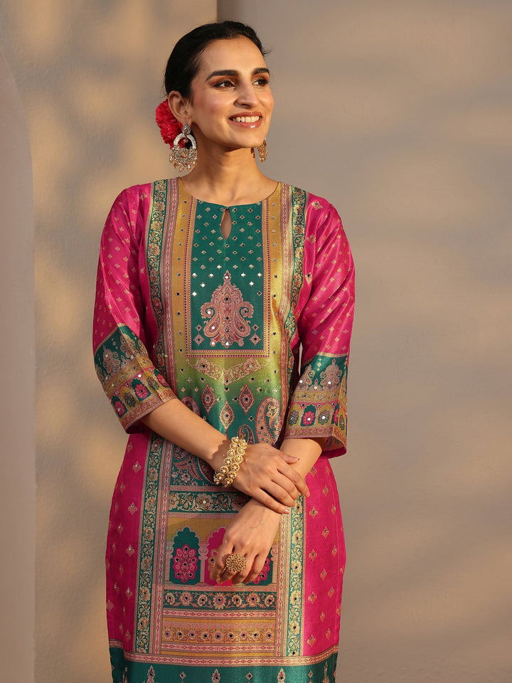Multi Ethnic Printed Silk Blend Straight Suit Set With Dupatta