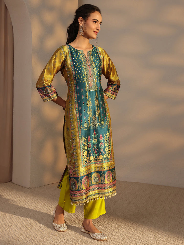 Green Ethnic Printed Silk Blend Straight Suit Set With Dupatta