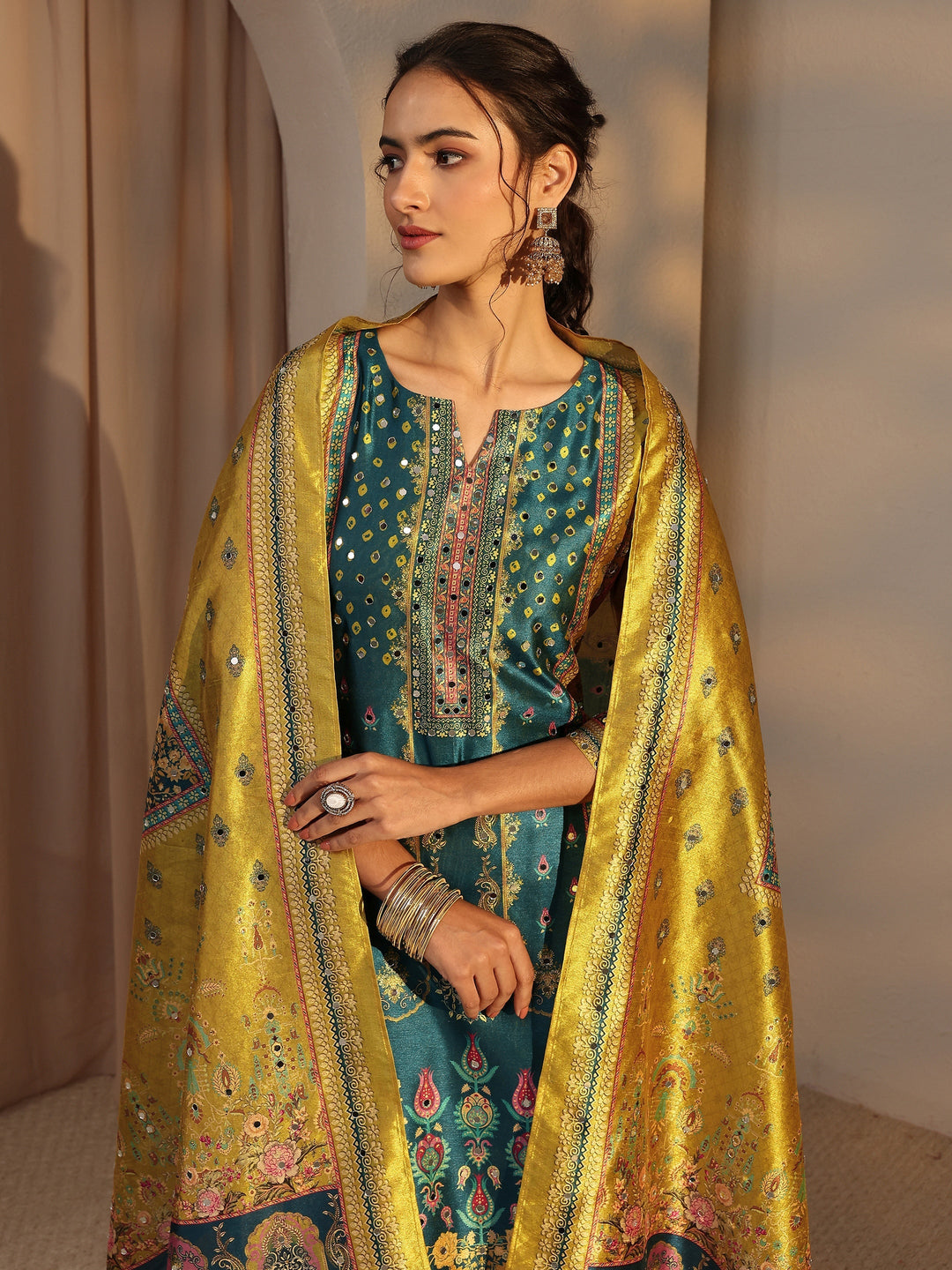 Green Ethnic Printed Silk Blend Straight Suit Set With Dupatta