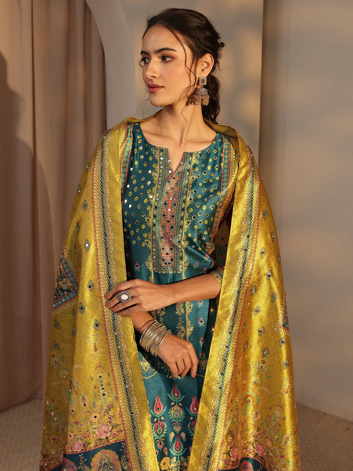 Green Ethnic Printed Silk Blend Straight Suit Set With Dupatta