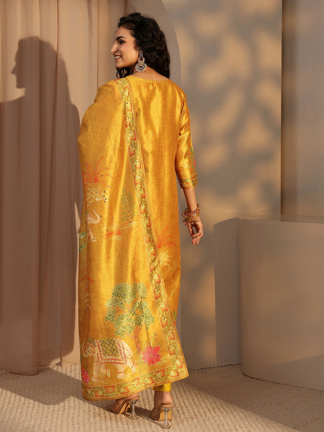 Mustard Tribal Printed Silk Blend Straight Suit Set With Dupatta