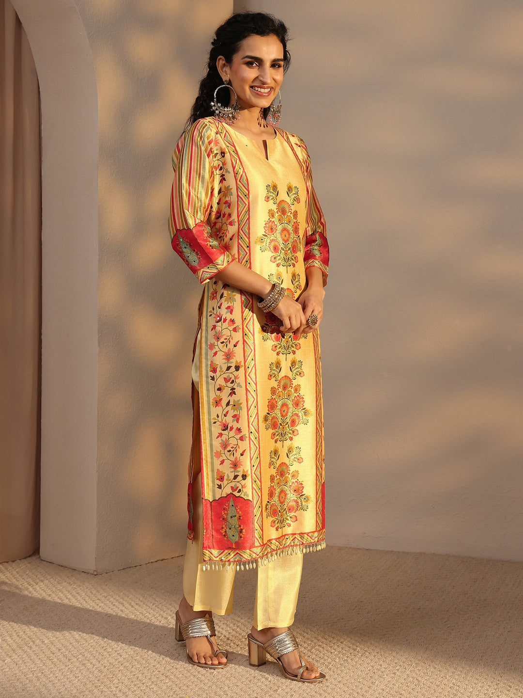Beige Floral Printed Silk Blend Straight Suit Set With Dupatta