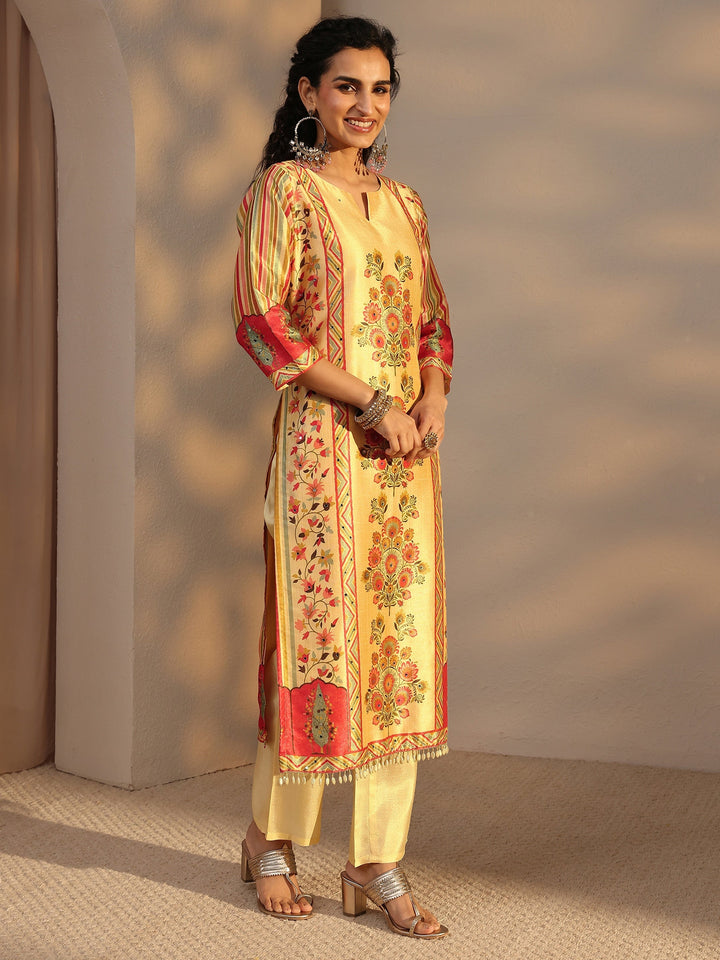 Beige Floral Printed Silk Blend Straight Suit Set With Dupatta