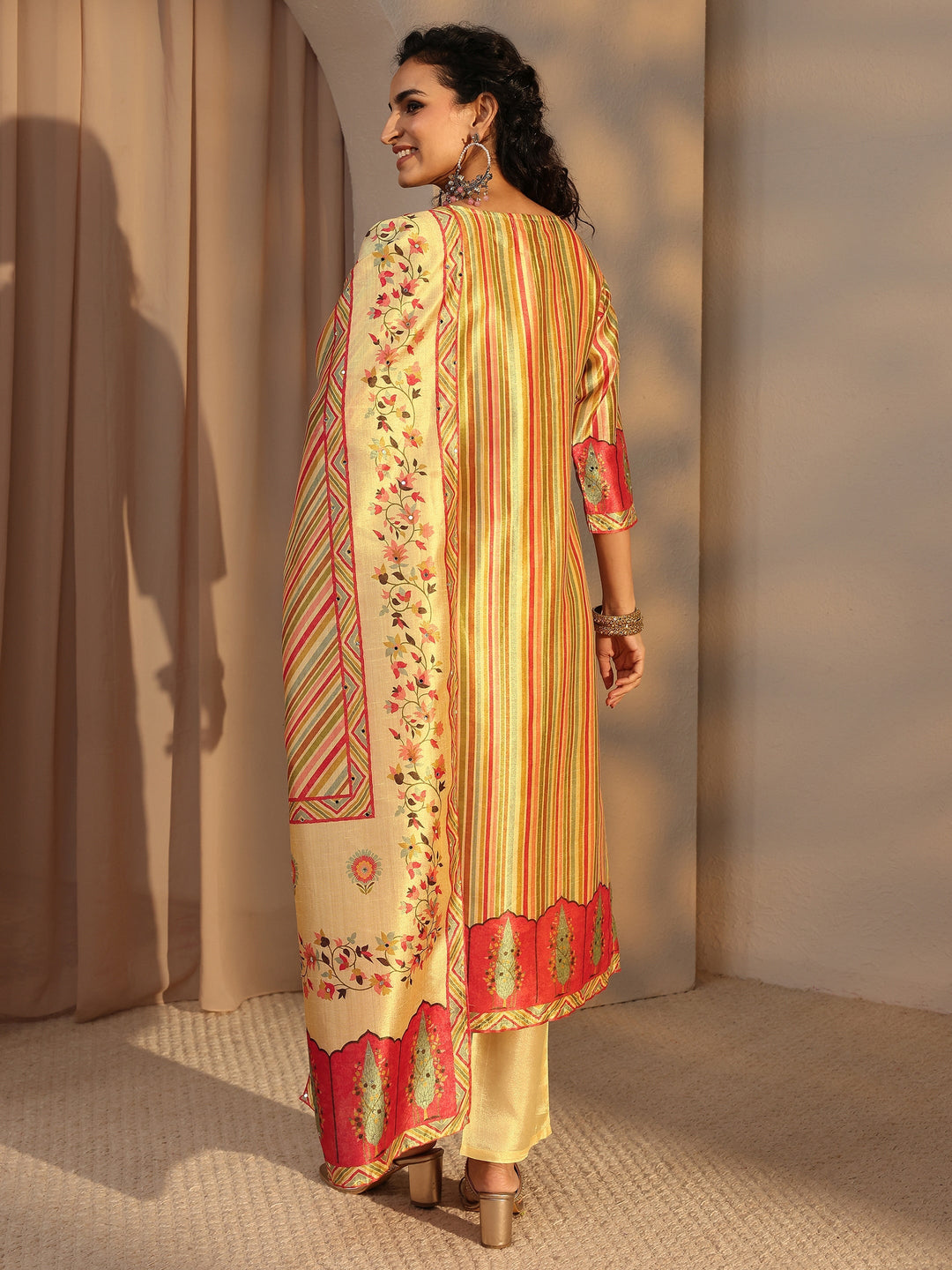 Beige Floral Printed Silk Blend Straight Suit Set With Dupatta