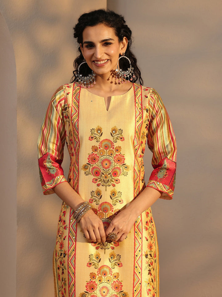 Beige Floral Printed Silk Blend Straight Suit Set With Dupatta