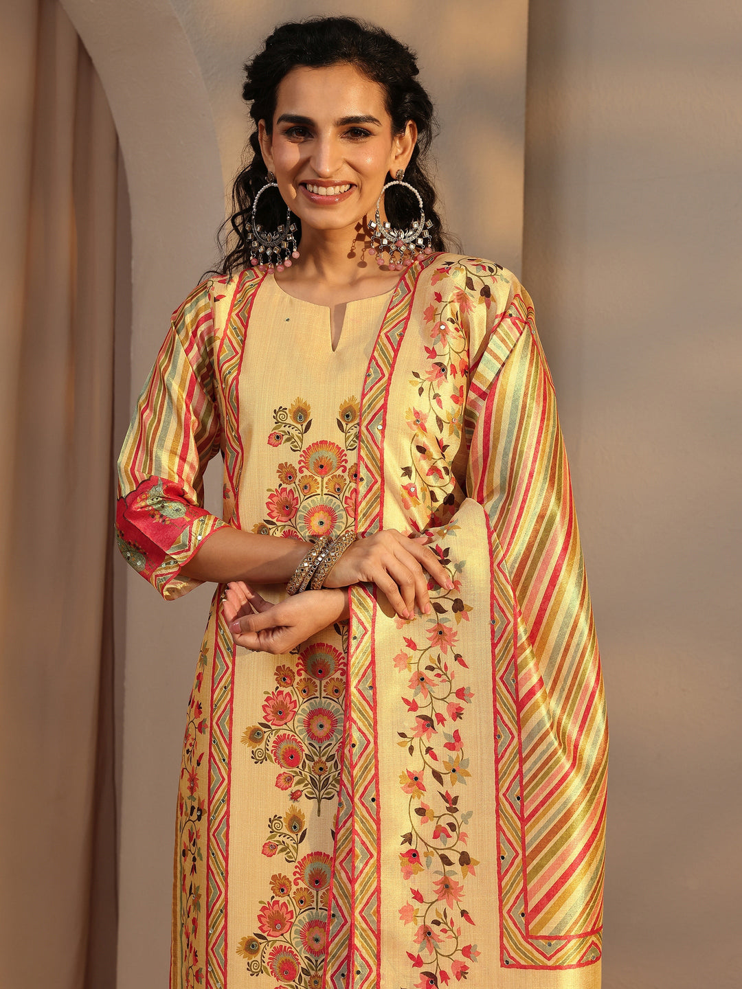 Beige Floral Printed Silk Blend Straight Suit Set With Dupatta