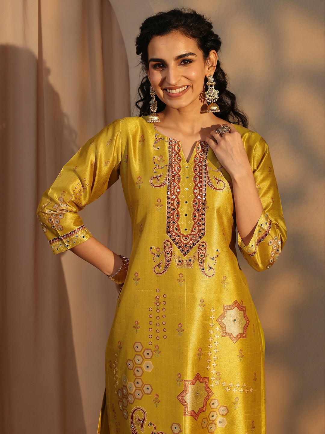 Yellow Ethnic Printed Silk Blend Straight Suit Set With Dupatta
