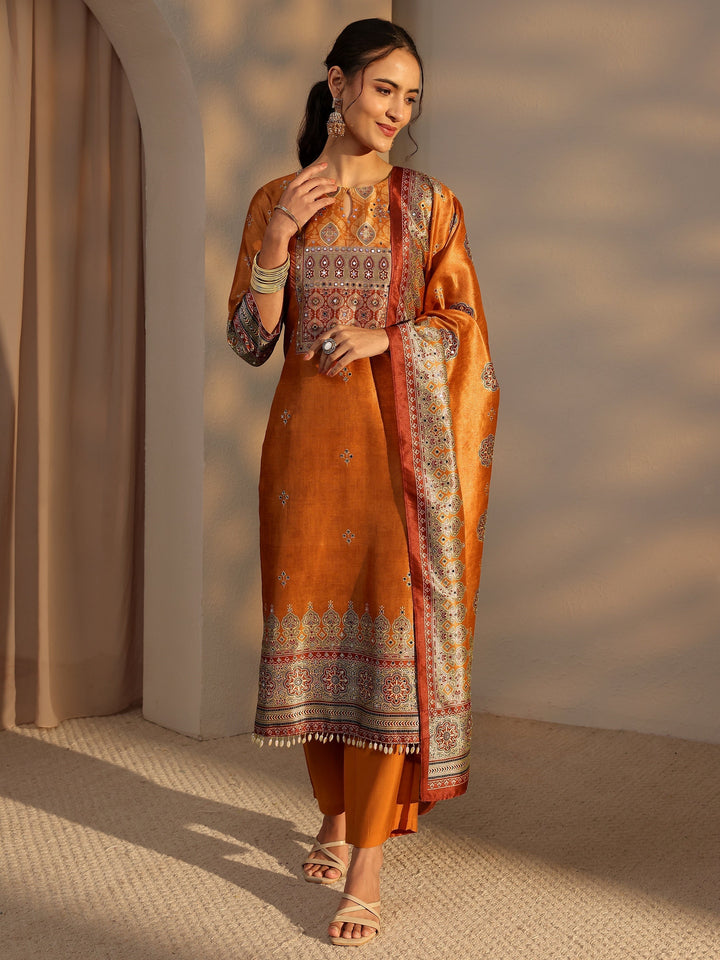 Orange Ethnic Printed Silk Blend Straight Suit Set With Dupatta