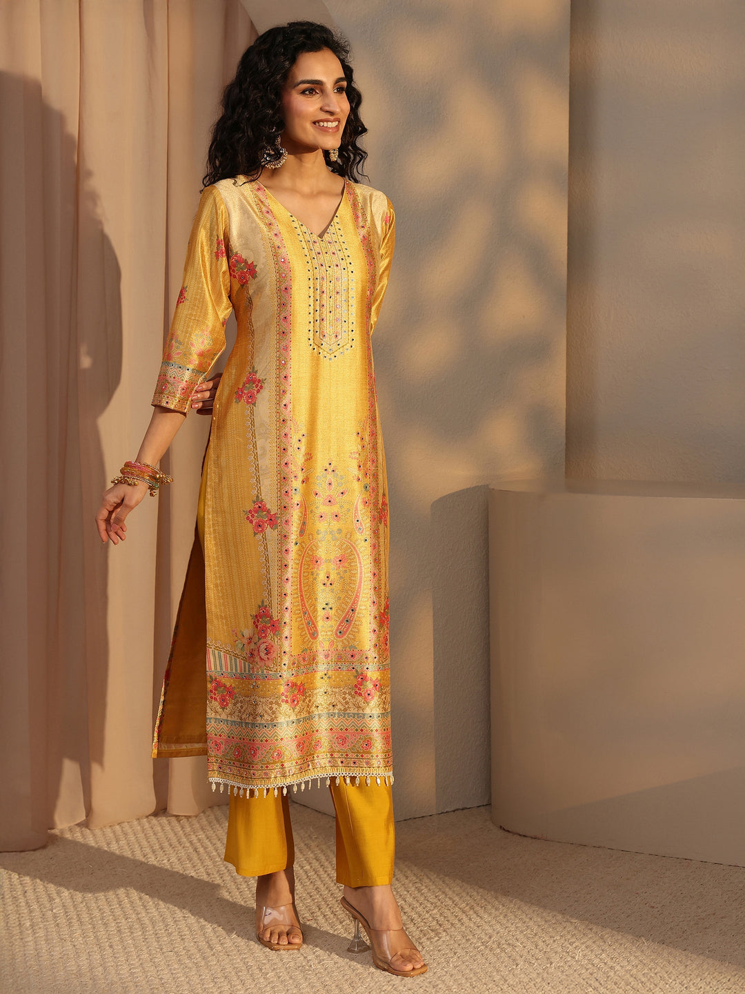Yellow Floral Printed Silk Blend Straight Suit Set With Dupatta