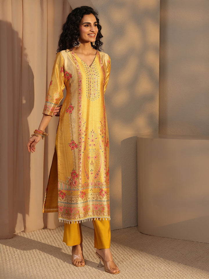 Yellow Floral Printed Silk Blend Straight Suit Set With Dupatta