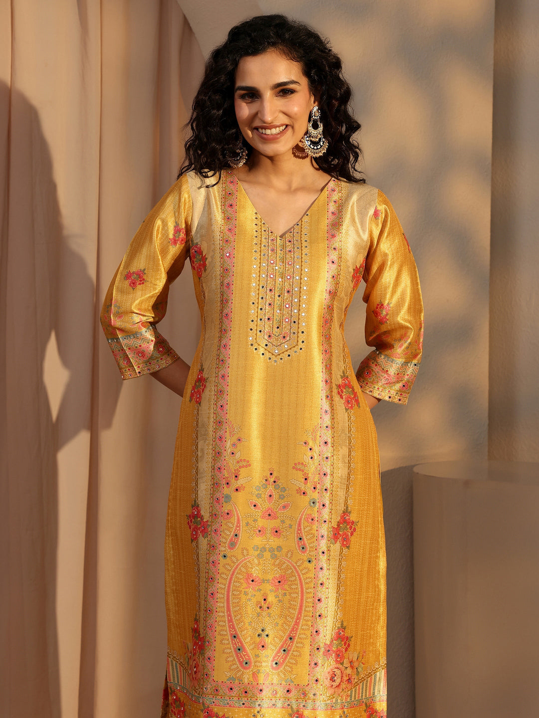 Yellow Floral Printed Silk Blend Straight Suit Set With Dupatta