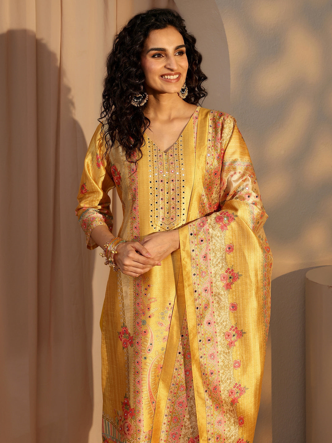 Yellow Floral Printed Silk Blend Straight Suit Set With Dupatta