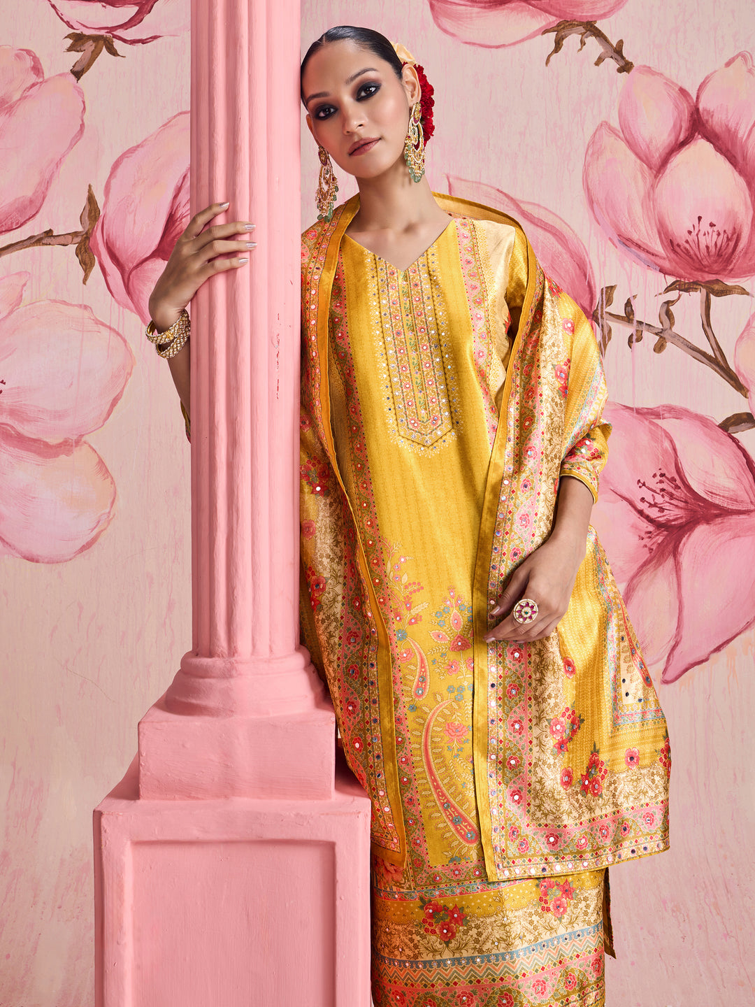 Libas Saundarya Yellow Floral Printed Silk Blend Straight Suit Set With Dupatta
