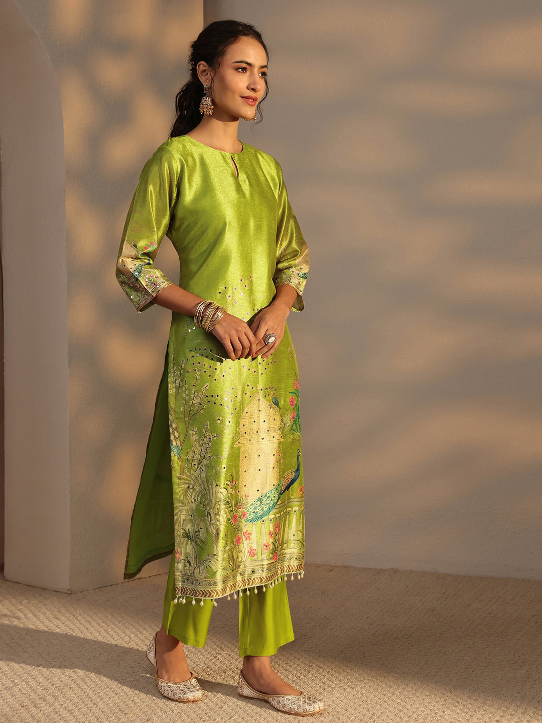 Green Floral Printed Silk Blend Straight Suit Set With Dupatta