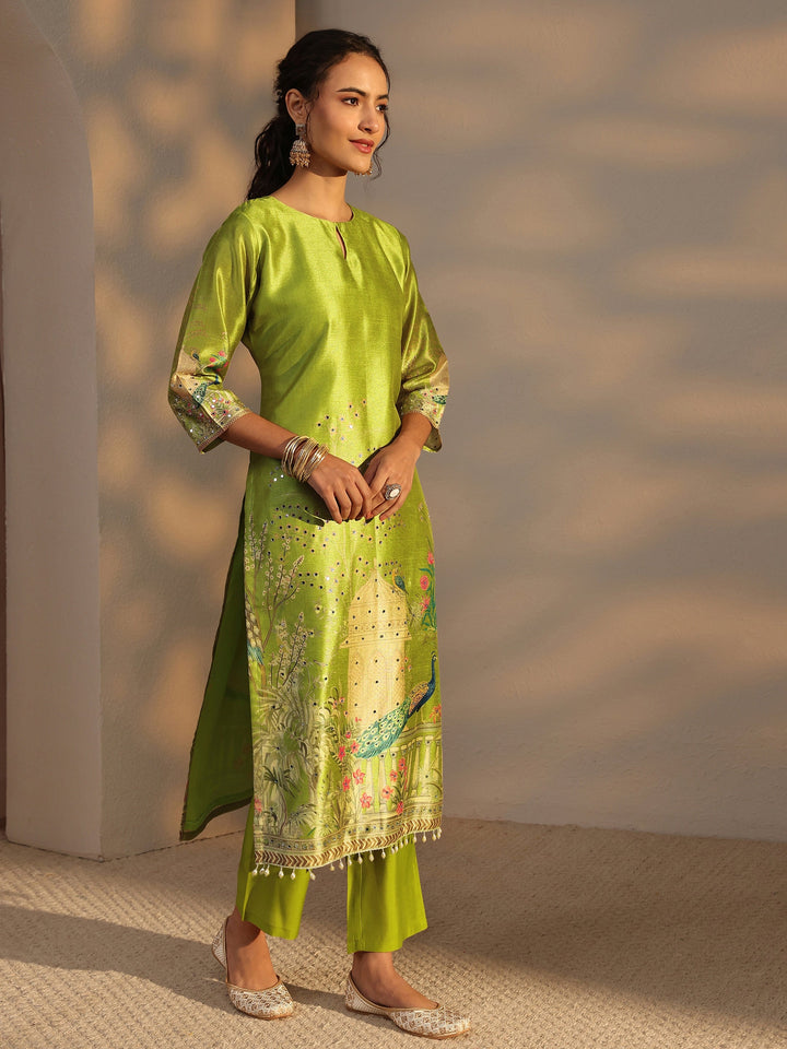 Green Floral Printed Silk Blend Straight Suit Set With Dupatta