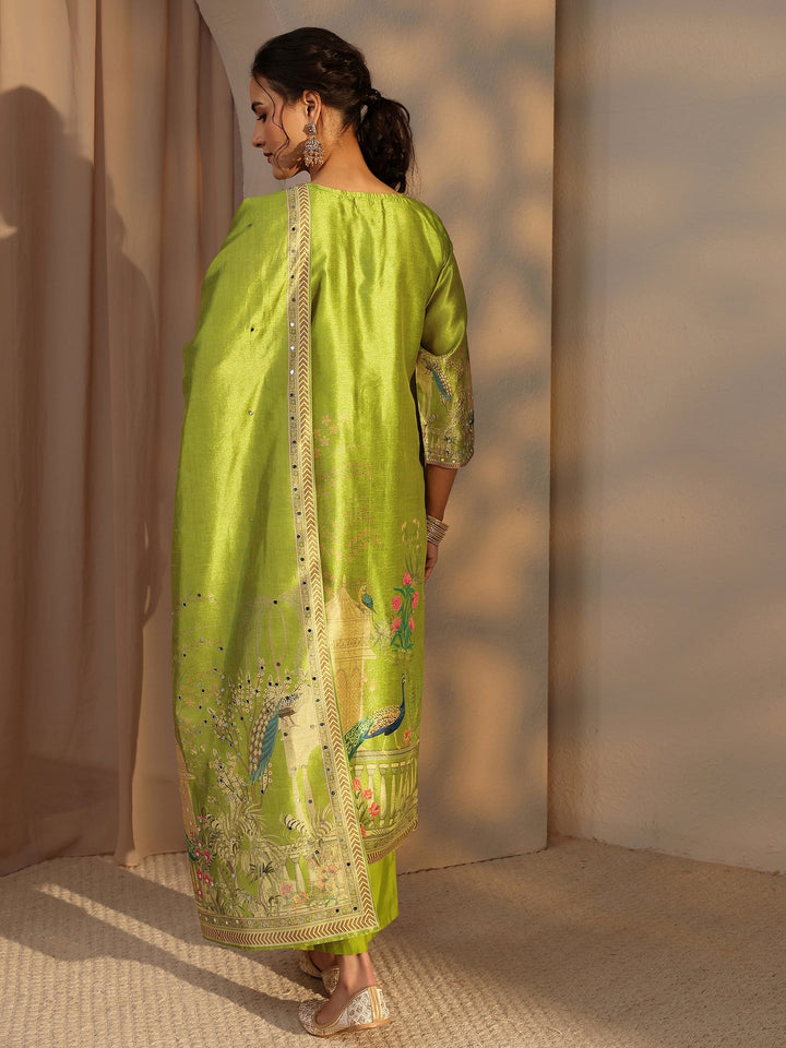 Green Floral Printed Silk Blend Straight Suit Set With Dupatta