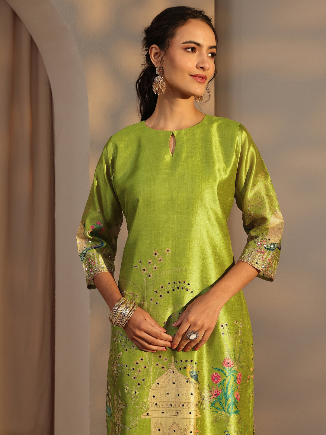 Green Floral Printed Silk Blend Straight Suit Set With Dupatta