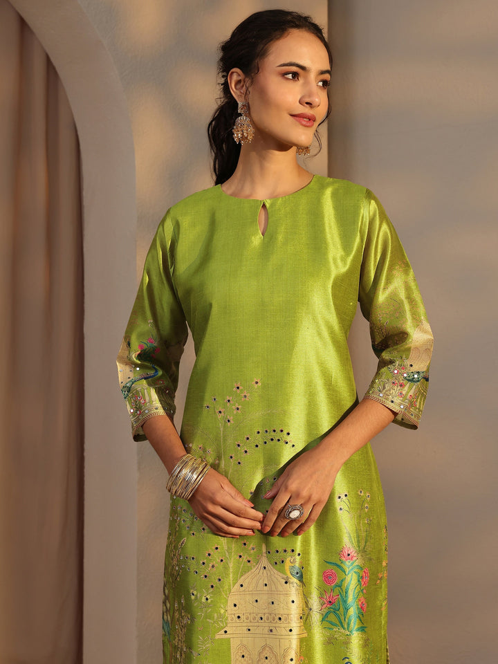 Green Floral Printed Silk Blend Straight Suit Set With Dupatta