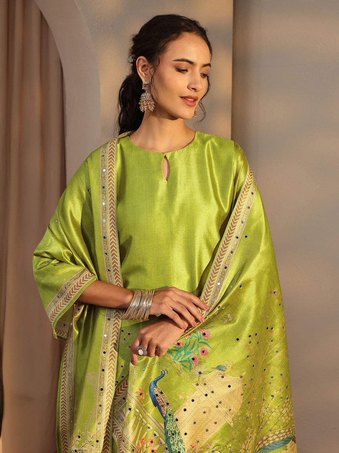 Green Floral Printed Silk Blend Straight Suit Set With Dupatta