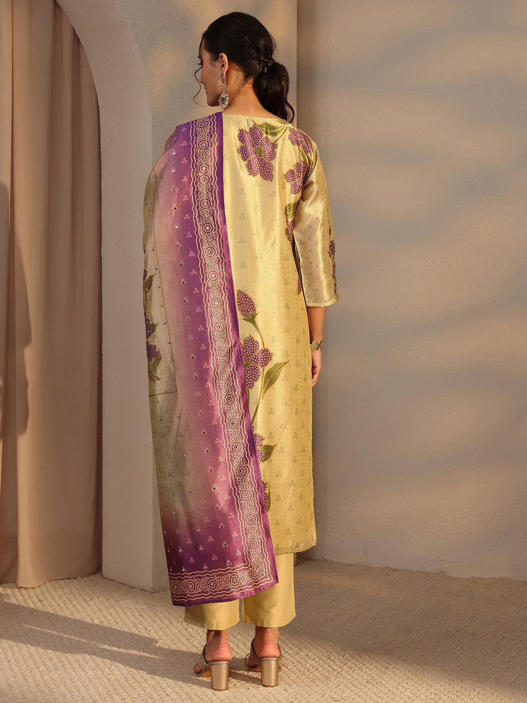 Beige Floral Printed Silk Blend Straight Suit Set With Dupatta