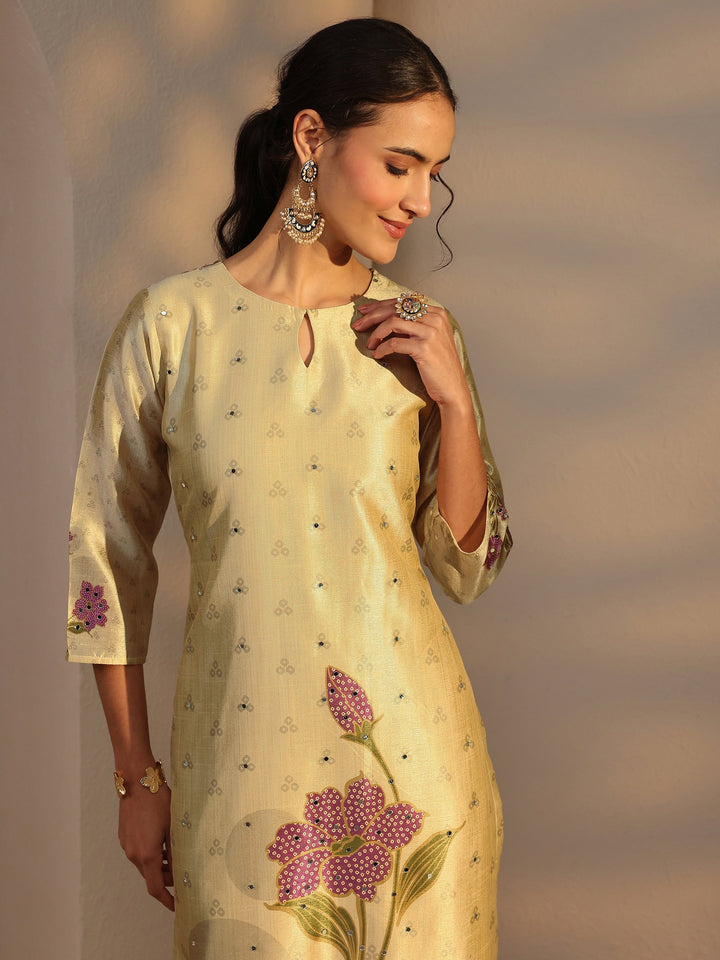 Beige Floral Printed Silk Blend Straight Suit Set With Dupatta