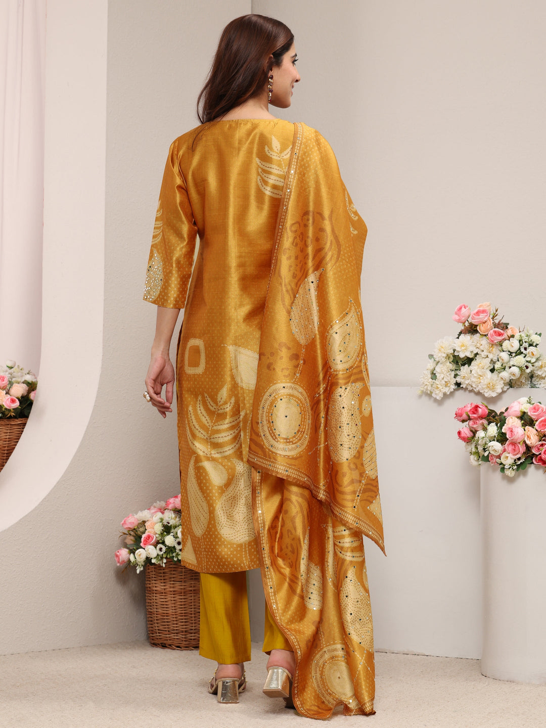 Mustard Embellished Silk Blend Straight Suit Set With Dupatta