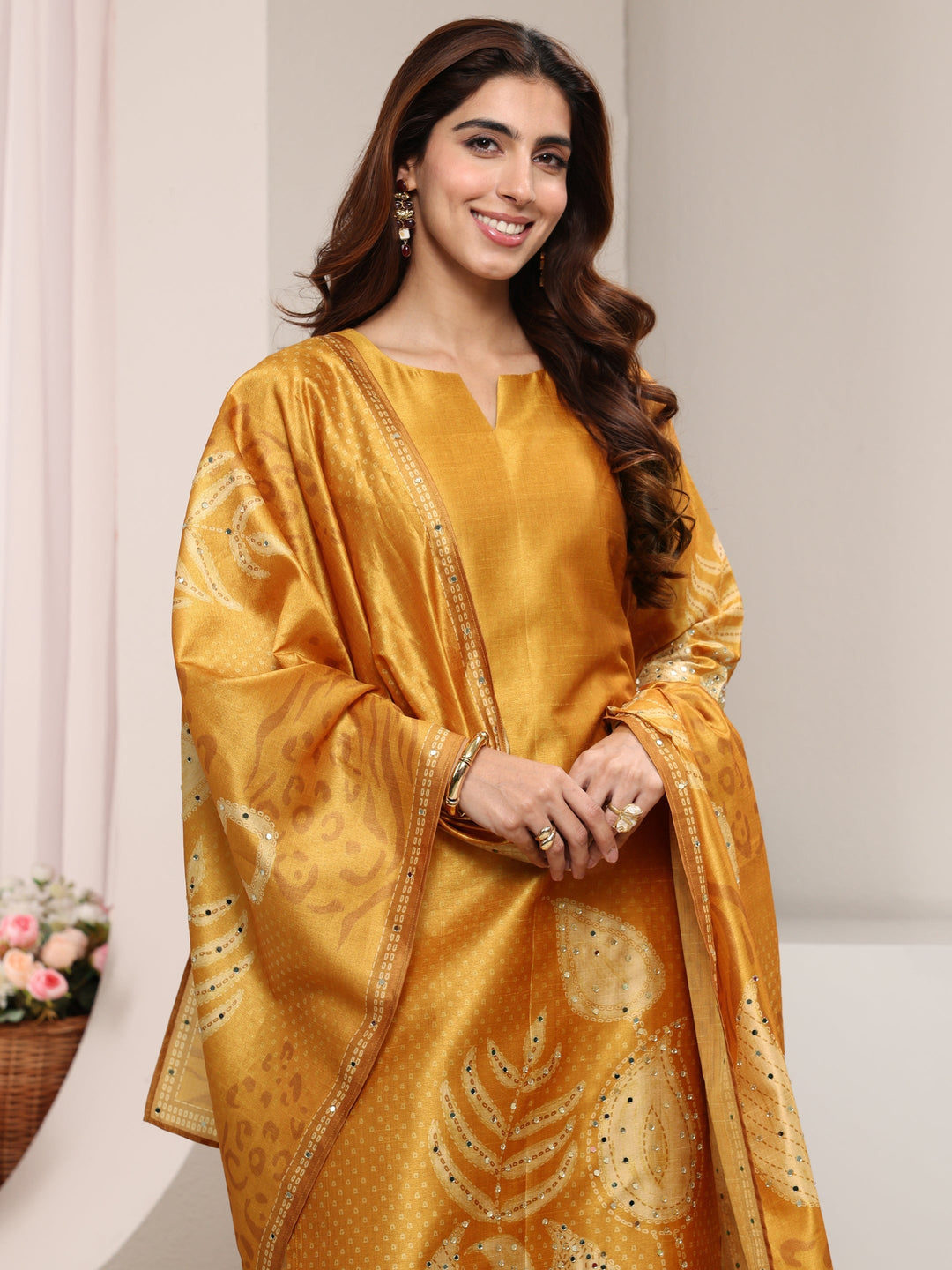 Mustard Embellished Silk Blend Straight Suit Set With Dupatta