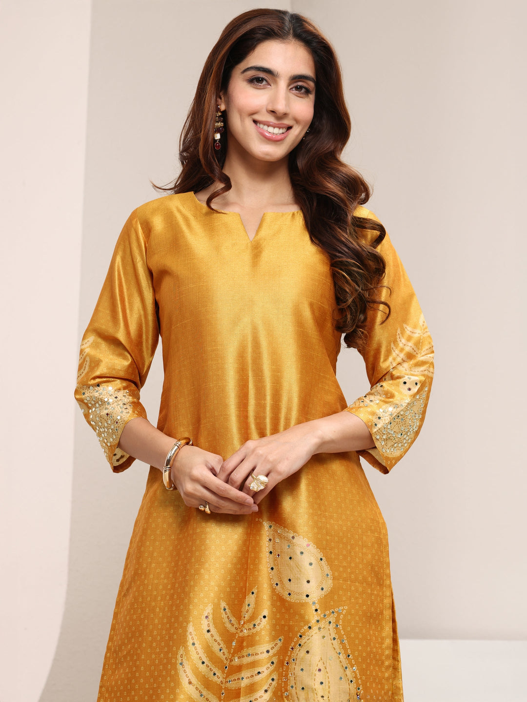 Mustard Embellished Silk Blend Straight Suit Set With Dupatta