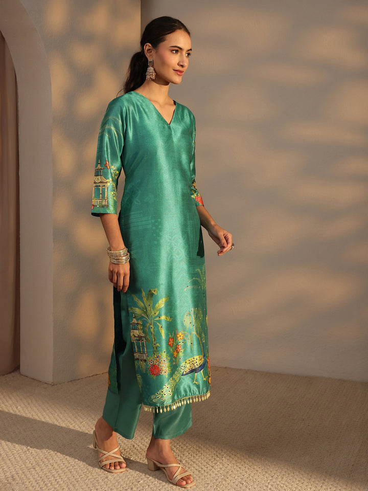 Teal Tribal Printed Silk Blend Straight Suit Set With Dupatta