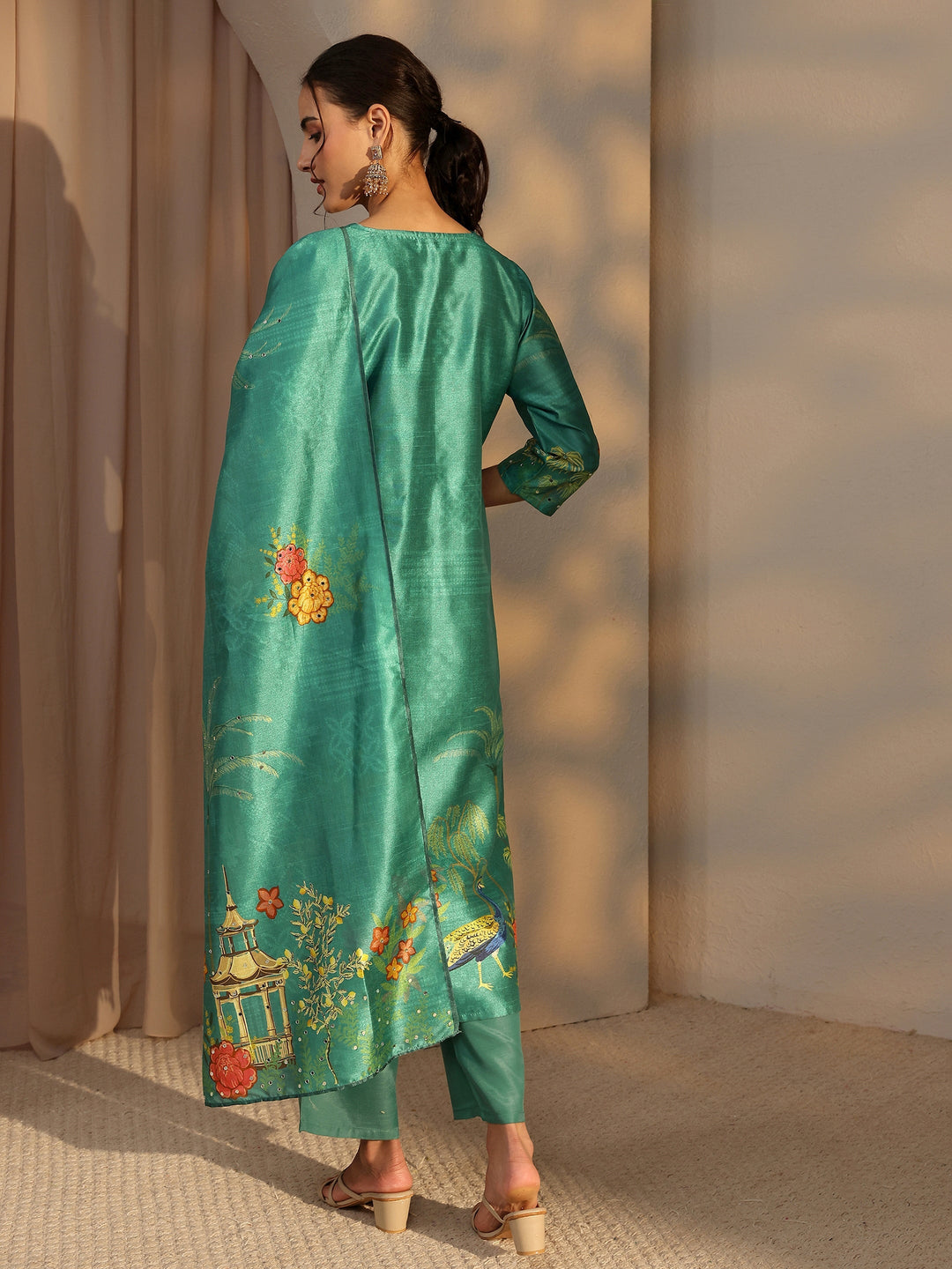 Teal Tribal Printed Silk Blend Straight Suit Set With Dupatta